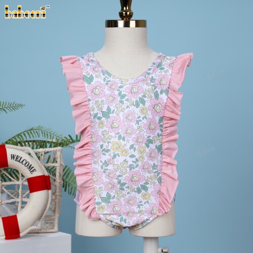 Fancy Pink and Yellow Floral Swimwear For Girl - BB3415